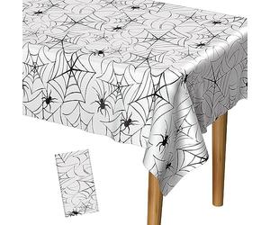 PLULON Mantel de plástico de tela de araña de 54 x 108 pulgadas, mantel de plástico para decoración de mesa de cena de vacaciones, suministros de fiesta de Halloween