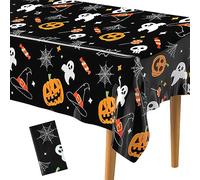 PLULON Manteles de Halloween de 137 x 274 cm, diseño de calabaza, telaraña, fantasma, murciélago, mantel de plástico para decoración de mesa de cena de vacaciones, suministros de fiesta de Halloween