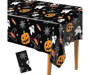 PLULON Manteles de Halloween de 137 x 274 cm, diseño de calabaza, telaraña, fantasma, murciélago, mantel de plástico para decoración de mesa de cena de vacaciones, suministros de fiesta de Halloween