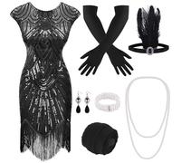 PLULON Vestido estilo flapper con flecos y cuentas de lentejuelas de los años 20 con conjunto de accesorios de los años 20 (negro)
