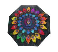 Pluma De Pavo Real Arcoiris De Dibujos Animados Paraguas Plegable Automático Paraguas de Viaje Mujer Niño Niña Protección UV Resistencia Viento Impermeable
