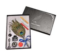 Pluma de pavo real retro, juego de caligrafía, sello de cera, juego de sello de pavo real, incluye varilla, puntas de repuesto, varillas de cera, sello de vela, cuchara de metal, botella de tinta