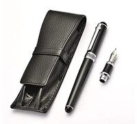 Pluma Estilográfica Duke Negro + Punta Doblada Fude + Estuche para Bolígrafo de Cuero Negro para Escritura a Mano, Firma, Caligrafía, Dibujo Artístico y Bocetos