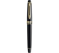 Waterman Expert pluma estilográfica, color negro brillante con adorno de oro de 23 quilates, plumín fino con cartucho de tinta azul, estuche de regalo