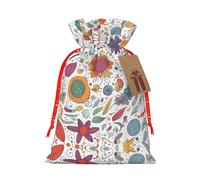 Plumas coloridas dibujadas a mano sobre impresión blanca pequeña bolsa con cordón para regalos, bolsa de regalo reutilizable, para regalos de vacaciones y fiestas