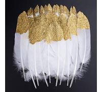 Plumas de Ganso, 40 pcs Oro Sumergido Blanco Natural Plumas de Gallo Manualidades Decoración para Disfraces Hats, Hogar Bricolaje, Ropa Casa Fiesta (accesorio de disfraz)(Oro)