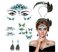 Plumas de Pavo Accesorios, ZoneYan Accesorios para Disfraz de Plumas de Pavo para Mujer Carnaval Cosplay, para Pelo, Pendientes, Pestañas, Pegatinas Faciales, Tatuajes Temporales (Verde-b)