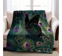 Plumas de Pavo Real de Mariposa Manta de Felpa Verde 100 x 130 cm Microfibra de Alta Densidad para Mayor Confort, Ideal para Adultos y Niños