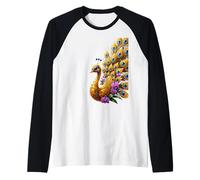 Plumas de Pavo Real ornamentadas Orquídea Pájaro exótico Naturaleza Camiseta Manga Raglan