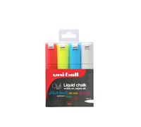 Uni-Ball, PWE-8K, Rotuladores de Tiza Líquida, Multiusos, Lavables, de Colores, para Pizarras Negras, Pizarras Blancas, Vidrio y Plástico, Punta Biselada de 8 mm, Paquete de 4