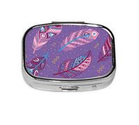 Plumas tribales en azul, rosa y morado, pastillero con 2 compartimentos, organizador portátil