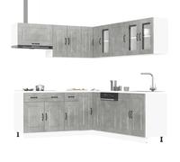 Plumbpyr Juego de 11 armarios de cocina Kalmar, color gris hormigón, madera con armario colgante y armario inferior, espacio de almacenamiento versátil para platos, ollas, sartenes
