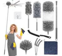 Plumero Telescopico Extensible, Extensible 2,5 m, Kit Limpieza 9 Piezas con Mango Extensible, Atrapapolvo Microfibra Lavable y Reutilizable, para Techos, Ventiladores, Telarañas, Persianas y Ventanas