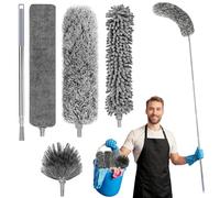 Plumero telescópico Lavable, 5 Piezas, Microfibra con escobillas angulares Flexibles, Limpiador de Polvo para Espacios, Plumero antitejas, Extensible hasta 2,52 m