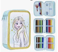 Plumier con Accesorios de Frozen - Color Azul - 12,5x6,5x18,5 cm - Fabricado en Poliéster - 3 Compartimentos con Cierre de Cremallera - Estampado de Elsa - Producto Original Diseñado en España