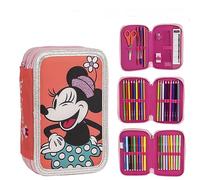Plumier con Accesorios de Minnie Mouse - Color Rosa Palo - 12,5x6,5x18,5 cm - Fabricado en Poliéster - Triple Compartimento con Cierre de Cremallera - Producto Original Diseñado en España