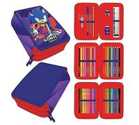 Plumier con Accesorios de Sonic Prime - Color Rojo y Azul - 12,5x6,5x18,5 cm - Fabricado en Poliéster - Triple Compartimento con Cierre de Cremallera - Producto Original Diseñado en España