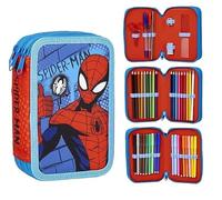 Plumier con Accesorios de Spiderman - Color Rojo y Azul - 12,5x6,5x18,5 cm - Fabricado en Poliéster - Triple Compartimento con Cierre de Cremallera - Producto Original Diseñado en España