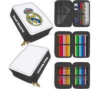 CERDÁ LIFE'S LITTLE MOMENTS Plumier con Accesorios Giotto Real Madrid con Lápices, Rotuladores Y Bolígrafos | Estuche Escolar Triple para Fans del Fútbol