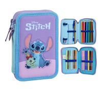 Plumier con Accesorios Stitch con Rotuladores, Lápices Y Bolígrafos | Estuche Escolar Infantil Triple con Diseño Disney