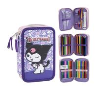 Plumier Doble Hello Kitty Kuromi Niña y Niño - Estuche Portatodos Escolar con Accesorios, 3 Compartimentos con Cremallera y Set de Papelería, Color Morado, Talla Única, Vuelta al Cole