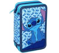 Plumier Escolar Triple 44 Piezas - para Stitch Fan - Estuche 3 Cremalleras Azul con Lápices, Rotuladores y Accesorios - Idea Regalo Niño y Niña - Gadget Oficial - Clondo