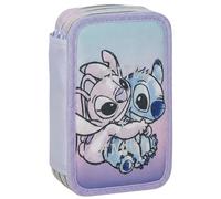 Plumier Escolar Triple 44 Piezas - para Stitch y Angel Fan - Estuche 3 Cremalleras Azul con Lápices, Rotuladores y Accesorios - Idea Regalo Niña - Gadget Oficial