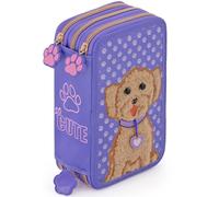 Plumier Triple 45 Piezas - Estuche Escolar Completo con Bolígrafos Gel Borrables, Lápices 4.0 mm, Rotuladores, Tijeras, Pegamento - Primaria y Regalo niña - Perrito Peluche Violeta - Julian Ross