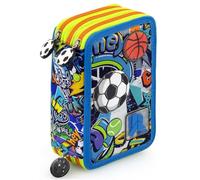 Plumier Triple 45 Piezas - Estuche Escolar Completo con Bolígrafos Gel Borrables, Lápices 4.0 mm, Rotuladores, Tijeras, Pegamento - Ideal Primaria y Regalo niño - fútbol y Baloncesto - Julian Ross