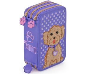 Plumier Triple 45 Piezas - Estuche Escolar Completo con Bolígrafos Gel Borrables, Lápices 4.0 mm, Rotuladores, Tijeras, Pegamento - Primaria y Regalo niña - Perrito Peluche Violeta - Julian Ross