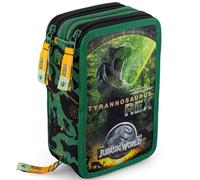 Plumier Triple Escolar 45 Piezas - para Jurassic Dinosaurios World Fan - con Bolígrafos Borrables, Lápices de Colores 4.0 mm, Rotuladores, Tijeras, Pegamento - Verde - para Niños - Regalo o Colegio