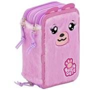 Plumier Triple Niña - Peluche Rosa Suave con diseño de Osito - 45 Piezas con Bolígrafos de Gel Borrables, Tijeras, Pegamento - Julian Ross Estuche Completo Escuela
