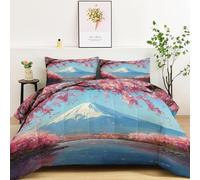 Plumón Artificial para Cama 135×200 cm con 2 Fundas de Almohada, Extra Suave y cálido, Ligero y Transpirable, Impresión Fotografía Lago Cerezos en Flor Monte Fuji, Dormitorio Azul y Rosa