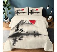 Plumón Artificial para Cama 200×200 cm con 2 Fundas de Almohada, Extra Suave y cálido, Ligero y Transpirable, Impresión Tradicional Pintura a la Tinta Monte Fuji Lago, Dormitorio Vistoso