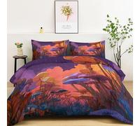 Plumón Artificial para Cama 200×200 cm con 2 Fundas de Almohada, Extra Suave y cálido, Ligero y Transpirable, Impresión Fantasía Hongos Plantas Cielo, Dormitorio Vistoso