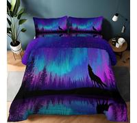 Plumón Artificial para Cama 220×240 cm con 2 Fundas de Almohada, Extra Suave y cálido, Ligero y Transpirable, Impresión Naturaleza Aurora Boreal Lobo Cielo Nocturno, Dormitorio Vistoso