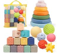 Plunack Montessori Juguetes para Bebés, 24 Piezas Bloques de Construcción Suaves Bolas Sensoriales Mordedores Anillo Juego para apretar y Aprendizaje Educativo Temprano de Juguete para 18+Meses
