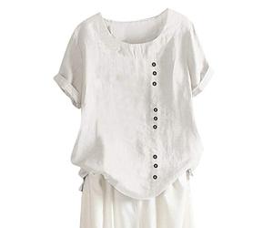 Plus Button T-Shirt Casual Size Lino Tanic Daily Boho Towns Blusa de mujer suelta blusa de mujer, Blanco, 3XL