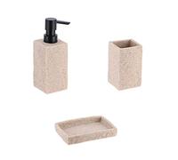 PLUS HOME Juego de dispensador baño poliresina Efecto Piedra 3 Piezas Incluye dispensador 17 * 6cm,Vaso 11 * 6.5cm, jabonera 13 * 2cm.BEIG