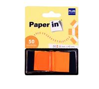 Plus Office - Banderitas Adhesivas con Dispensador, 50 Marcadores Adhesivos Transparentes de 25x45mm, Índices Autoadhesivos Reutilizables para Libros, Separadores Adhesivos para Escribir (Naranja)
