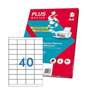 Plus Office - Etiquetas Autoadhesivas Blancas Para Imprimir, Pack De 100 Hojas Pegatinas Adhesivas De Papel En Hojas A4 Para Impresora Inkjet, Láser Y Fotocopiadoras, 40 Etiquetas Por Hoja (52x30mm)