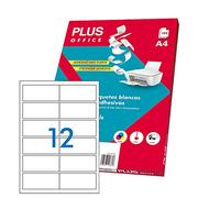 Plus Office - Etiquetas Autoadhesivas Blancas Para Imprimir, Pack De 100 Hojas Pegatinas Adhesivas De Papel En Hojas A4 Para Impresora Inkjet, Láser Y Fotocopiadoras, 12 Etiquetas Por Hoja (97x42,3mm)