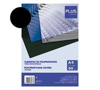 Plus Office - Portadas para Encuadernar de Polipropileno, 800 micras, Pack de 50 unidades, Cubiertas de Encuadernación de Plástico Color Negro Opaco, Formato A4