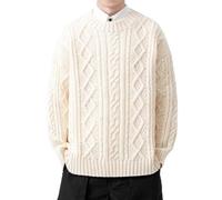 Plus-Size Cable Knit Pullover Sweater For Men, Solid Color Inner Layer, Basic Knit Top, Cardigan.,Beige,S