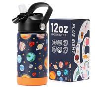 pluseight Botella de agua aislada para niños y niñas con tapa con popote, 12 onzas, sin BPA, doble pared al vacío, de acero inoxidable 18/8, a prueba de fugas, para niños, niñas, para escuela, viajes