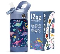 pluseight Botella de agua aislada para niños y niñas con tapa con popote, 12 onzas, sin BPA, doble pared, vaso al vacío, acero inoxidable 18/8, a prueba de fugas, para niños, niñas y niños (dinosaurio