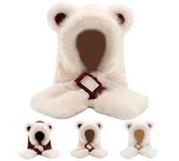 Plush Bear Ear Hooded Scarf,2-in-1 Faux Fur Bear Ear Hat & Scarf Set for Winter,Cute Animal Soft Warm Hooded Neckerchief (Off White)
