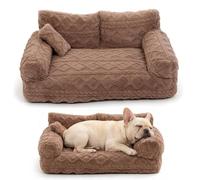 Plush Calming Pet Sofa Bed for Small Medium Large Dogs - 6 Sizes Fluffy Cat Couch Bed with Removable Washable Cover - Soft Warming Pet Bed for Indoor Use & Raised Rim Bolster (Khaki,XX-Large)