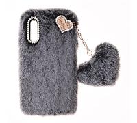 Plush Case para Wiko Y80 Funda de Silicona Bumper Fluffy Fur TPU Protección Bumper Case Bonita LOVE Decoration Funda de Fluffy con Diamantes de Purpurina Shockproof Carcasa para Wiko Y80,Gris Oscuro