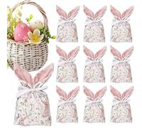 Plush Easter Cookie Bags, Bunny Ear Drawstring Pouches, 9.06x5.91 Inches Soft Fabric Bags with Build, Cute Colorful Design, Holiday Party Style, Treat Bag or Birthday and Family Gathering